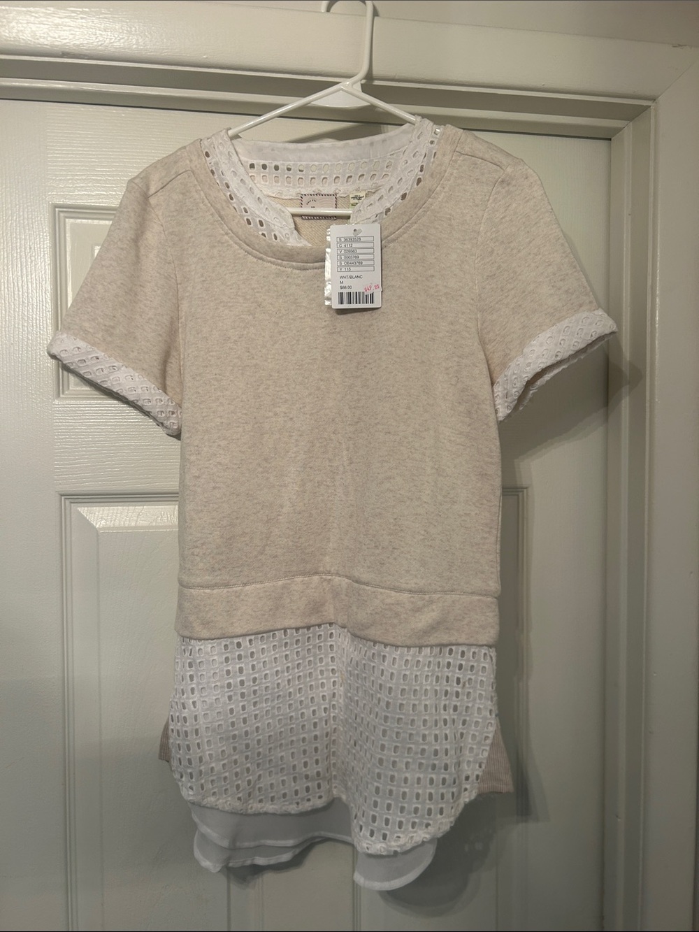 Anthropologie NWT Beige Layered Eyelet-Trim Short Sleeve Top